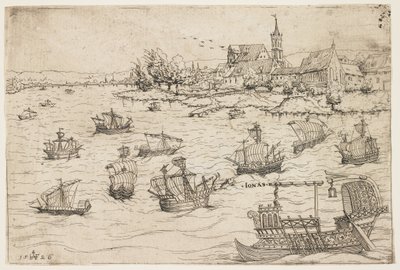 1546年，乔纳和带帆船的湖上的鲸鱼 作者 奥古斯丁·赫希沃格尔