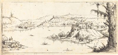 中心有一个大湖的风景，1546年。 作者 奥古斯丁·赫希沃格尔