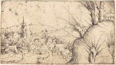 左边有一个城镇的风景，1549年。 作者 奥古斯丁·赫希沃格尔