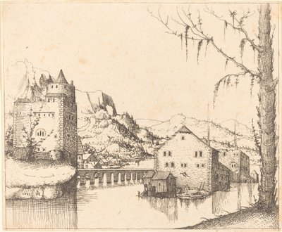 带有岛屿房屋的河流景观，1545年。 作者 奥古斯丁·赫希沃格尔