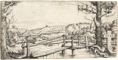 河流景观与人行桥，1546年。 作者 奥古斯丁·赫希沃格尔