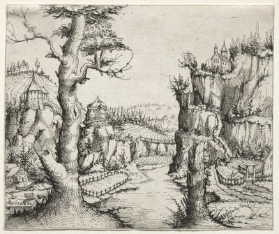 与岩石的河风景在左边的安娜在右边，1546。 作者 奥古斯丁·赫希沃格尔