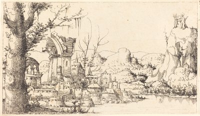 河流景观与基督的诱惑》，1545年。 作者 奥古斯丁·赫希沃格尔