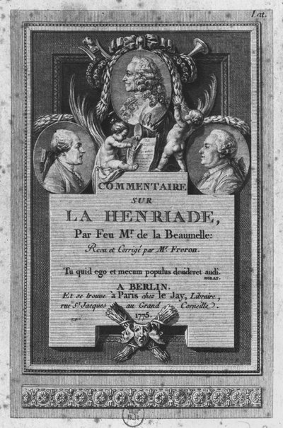 由伏尔泰的&39;La Henriade&39;评论的de la Beaumelle评论的正面，由Freron修订和更新，于1775年在柏林和巴黎出版 作者 Augustin de Saint Aubin