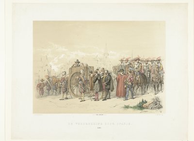 西班牙士兵抬走被囚禁的公民，1567 年
西班牙的压迫（物品上的标题） 作者 彼得·威廉姆斯·范·德·魏尔
