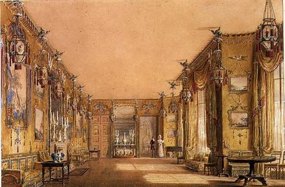 布莱顿亭子的黄色画室内部，约1820年（纸上水彩和水粉）。 作者 奥古斯都·查尔斯·普金