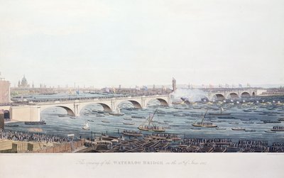 1817年6月18日滑铁卢大桥的开幕，由A.Prelain在W. Findlater的绘画中蚀刻，由R. Havell und Son雕刻，1818年（彩色雕刻） 作者 奥古斯都·查尔斯·普金
