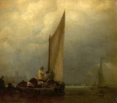 有驳船的河景，1825年 作者 奥古斯都·沃尔·卡特科特