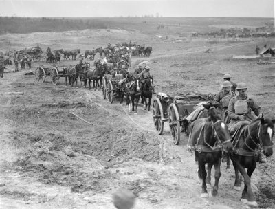 1918年10月4日，澳大利亚野战炮兵第6旅的林地通过Bellicourt附近的兴登堡线向枪支发射弹药 作者 澳大利亚摄影师