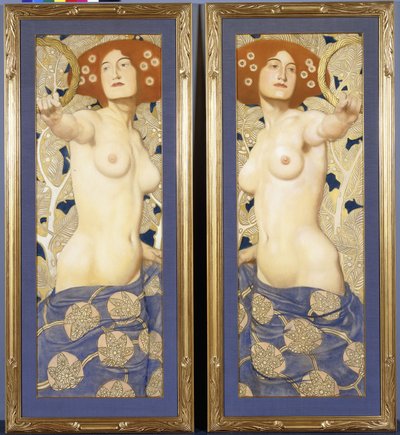 一对蜡笔画在纸上，描绘半裸的女性形象，约摄于1900年 作者 Austrian School