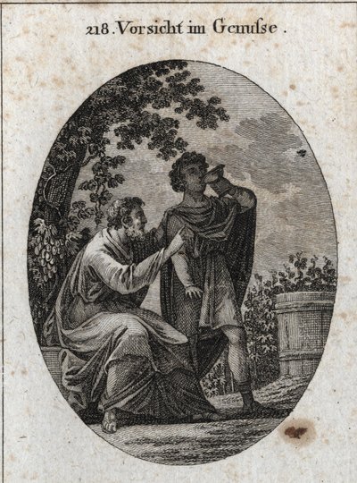 Allegory of caution while enjoying. A philosopher warns us that the vine produces three kinds of grapes: that of pleasure, that of drunkenness and that of doulers and madness. Engraving in “” Iconologie oder Ideen aus dem Gebiete der Leidenschaften und All 作者 奥地利学派