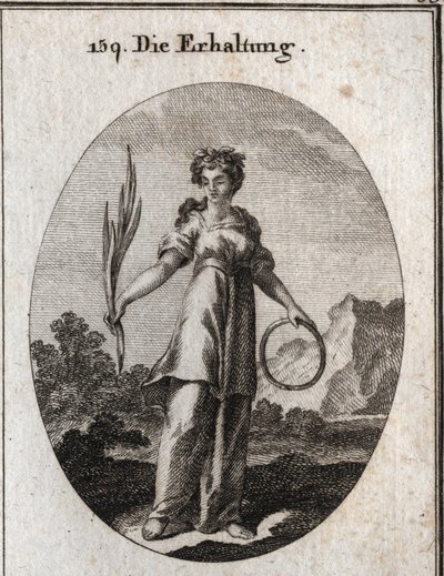 Allegory of conservation. The cedar branch is incorruptible but is also the emblem of conservation and the circle that of the conti succession. She wears a crown of aromatic plants that were used by the Egyptians to preserve the dead. Engraving in “” Icono 作者 奥地利学派