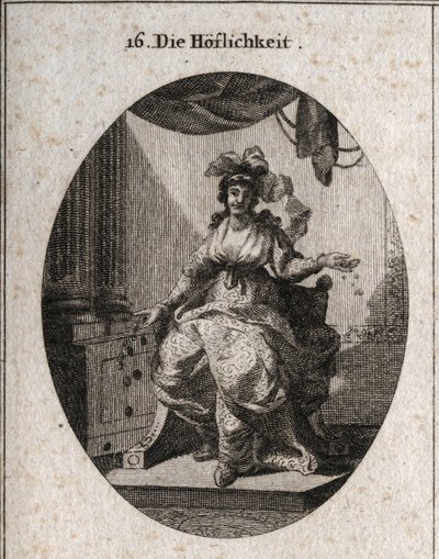 Allegory of courtesy represented by a wealthy, graceful and smiling woman who repands money and jewelry. Engraving in “” Iconologie oder Ideen aus dem Gebiete der Leidenschaften und Allegorien bildich dargestellt fur Zeichner, Mahler, Dichter, Gelehrte, Er 作者 奥地利学派