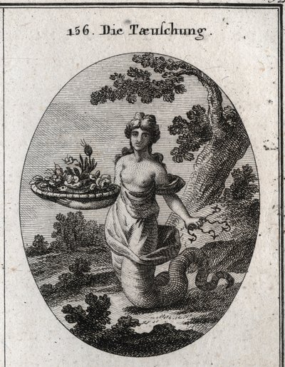 Allegory of deception. Among the flowers of the basket is a snake. She holds caches behind her several hamecons. Her legs end in a snake tail to show that she crawls to achieve her ends. Engraving in “” Iconologie oder Ideen aus dem Gebiete der Leidenschaf 作者 奥地利学派
