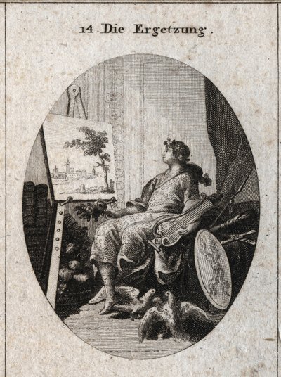 Allegory of delectation represented by a young man holding a lyre near a painting with fruits, books, weapons and two colombents that caress each other, all symbolizing the charm of the senses. Engraving in “” Iconologie oder Ideen aus dem Gebiete der Leid 作者 Austrian School