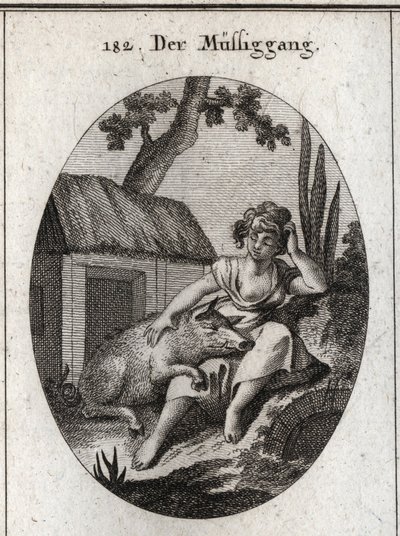 Allegory of idleness represented by a half asleep woman who scratches her head with one hand and rests with the other on a pig sleeping on her knees. Engraving in “” Iconologie oder Ideen aus dem Gebiete der Leidenschaften und Allegorien bildich dargestell 作者 奥地利学派