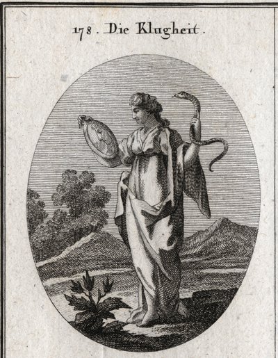Allegory of prudence, its ordinary attributes are the mirror and the snake. She has two faces, a young person for the anticipation of the future and an old one for the consideration of the past. Engraving in “” Iconologie oder Ideen aus dem Gebiete der Lei 作者 奥地利学派