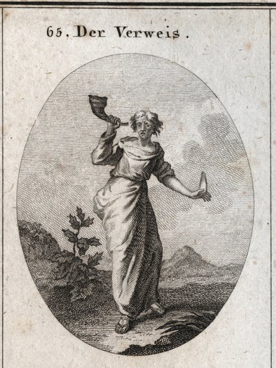 Allegory of reprimand. She learns to sound a book connet that emphasizes the unsightly sound of reprehensive words manipulated with caution, as shown by the human language held in the other hand. Engraving in “” Iconologie oder Ideen aus dem Gebiete der Le 作者 奥地利学派