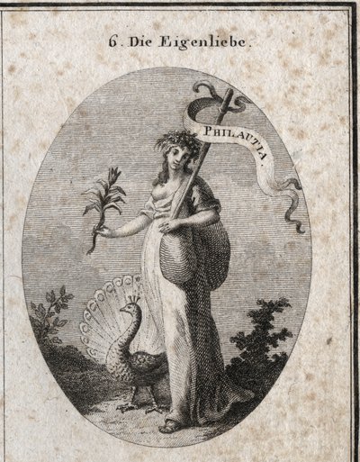 Allegory of self-love represented as a young woman closing a bag symbolizing her faults with a baguette on which the Greek translation “” Philautia”” is inscribed. Attributes: the peacock making the wheel and the narcissus flower. Engraving in “” Iconologi 作者 奥地利学派