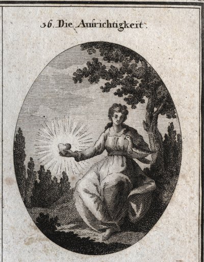 Allegory of sincerite holding a dove against her breast and presents a radiant heart. Engraving in “” Iconologie oder Ideen aus dem Gebiete der Leidenschaften und Allegorien bildich dargestellt fur Zeichner, Mahler, Dichter, Gelehrte, Erzieher und freunde  作者 奥地利学派