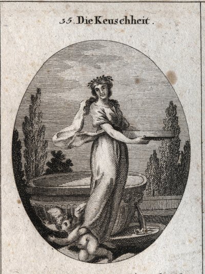 Allegory of the chastete bearing a cinnamon crown symbol among the Egyptians of the chastete, as well as the screen filled with water that she holds and which refers to the justification of a vestal that proved her chastete. She refouls a love under her fo 作者 奥地利学派