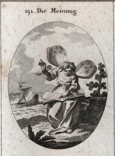 Allegory of the opinion represented reading a book from which she seems to support proposals. Butterfly wings on the shoulders and wrists mark the instability of men in their opinions. Deep down a ship is beaten by the waves alluding to the imagination and 作者 奥地利学派