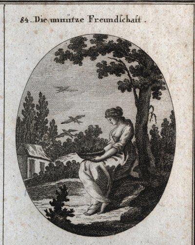Allegory of useless friendships holding a nest allowing swallows to fly away. Engraving in “” Iconologie oder Ideen aus dem Gebiete der Leidenschaften und Allegorien bildich dargestellt fur Zeichner, Mahler, Dichter, Gelehrte, Erzieher und freunde Hoherer  作者 奥地利学派