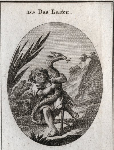 侏儒挤压九头蛇所代表的罪恶寓意。在 "Iconologie oder Ideen aus dem Gebiet der Leidenschaften und Allegorien bildich dargestellt fur Zeichner, Mahler, Dichter, Gelehrte, Erzieher und freunde Hoherer Geschmacksbildung "中雕刻。 作者 奥地利学派