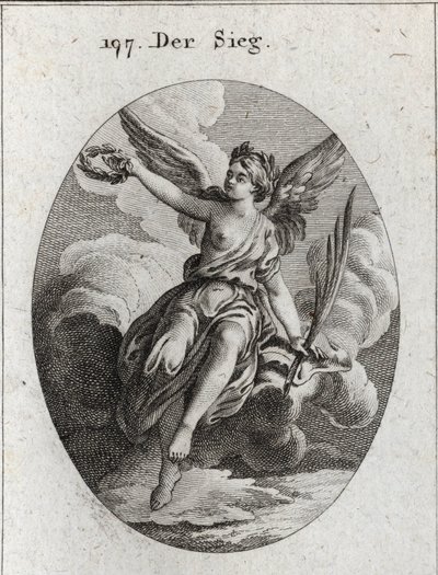 胜利的寓意。她有翅膀，拿着棕榈和月桂花环。在 "Iconologie oder Ideen aus dem Gebiet der Leidenschaften und Allegorien bildich dargestellt fur Zeichner, Mahler, Dichter, Gelehrte, Erzieher und befunde Hoherer Gesch "中的雕刻。 作者 奥地利学派