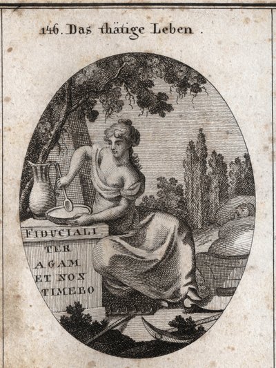 Allegory of working life sitting in the shade of a vine. She is represented preparing to eat in a pond and rocking with her foot a child. Ploughing instruments are placed beside her. Engraving in “” Iconologie oder Ideen aus dem Gebiete der Leidenschaften  作者 奥地利学派