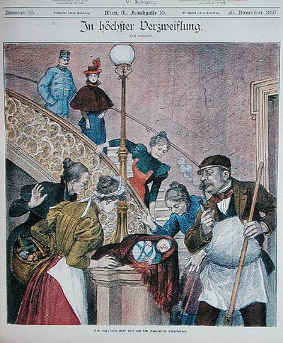 一本奥地利杂志的封面描绘了一个被遗弃在公寓楼楼梯上的婴儿，1897年11月28日（彩色平印）。 作者 奥地利学派
