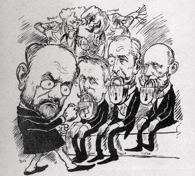 埃米尔-左拉试图打开关闭总统让-卡西米尔-佩里耶（1847-1907）和费利克斯-福尔（1841-1899）以及议会主席朱尔斯-梅林（1838-1925）嘴巴的锁，而在后台，亨利-罗什福尔（1831-1913）告诉Com 作者 奥地利学派