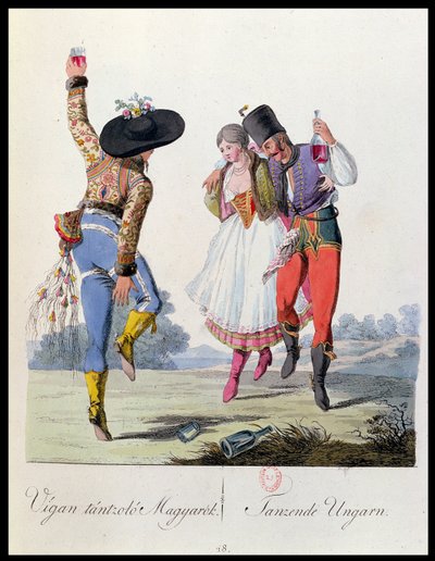 匈牙利舞者身着传统服饰，插图来自一本书服装de Pannonie由JH de Bikkesy出版，于1810年在维也纳出版（彩色版画） 作者 奥地利学派
