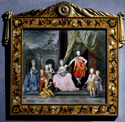 哈布斯堡-洛林的皮埃尔-利奥波德 (Pierre Leopold of Habsburg Lorraine)（1747-1792 年）（当时的神圣帝国或奥地利的利奥波德二世）与他的家人（他的妻子玛丽·路易斯和他们的 8 个孩子）围绕着微型画。 1776 年维也纳霍夫堡 作者 奥地利学派