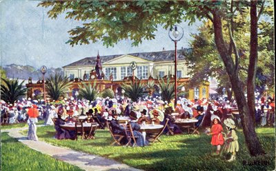 明信片描绘了Meierei-Tivoli咖啡馆的露台，Schonbrunn Quarter，维也纳 作者 奥地利学派