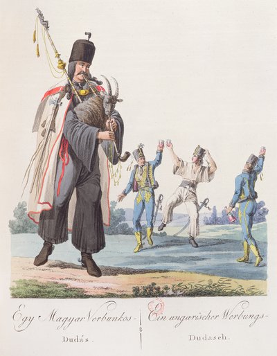 匈牙利军团的士兵表演招募舞蹈，插图来自一本书Costumes de Hongrie，于1810年在维也纳出版 作者 奥地利学派