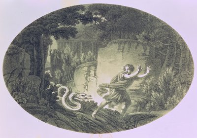 Tamino追逐巨型蛇，第一幕来自Wolfgang Amadeus Mozart的“魔笛”（1756-91）（雕刻） 作者 奥地利学派