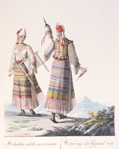 Mehadia地区的传统服饰的女性，1810年JH de Bikkesy的一本书Costumes de Hongrie的插图（彩色雕刻） 作者 奥地利学派