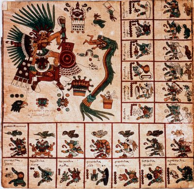 Quetzalcoatl和Tezcatlipoca的代表，阿兹特克人的神灵和对应日历的盒子。阿兹特克人在树皮上的手稿 "Codex Borbonicus "的页面，墨西哥中部的前哥伦比亚本土手抄本，15世纪末。国家图书馆 作者 阿兹台克人