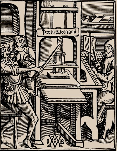 Prelum Ascensianum：印刷厂的设备与工作中的印刷机，1508年。 作者 巴迪乌斯