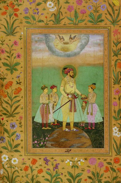 Shah Jahan（1592-1666）站在一个被他的四个孩子包围的大地球上，来自Minto专辑 作者 巴尔尚