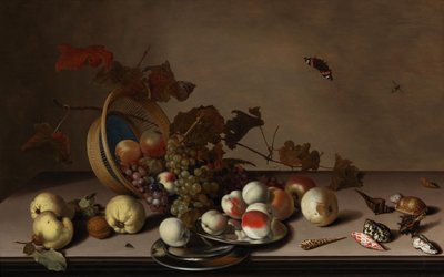 水果静物，柳条筐，贻贝和蝴蝶，17世纪上半叶。 作者 Balthasar van der Ast