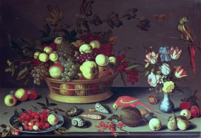 一篮子葡萄和其他水果（面板上有油） 作者 Balthasar van der Ast