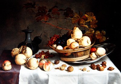 篮子里的昆士兰、其他水果和物品的静物画（油画板）。 作者 Balthasar van der Ast