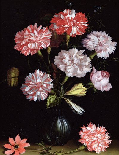 花艺研究：花瓶里的康乃馨（面板上的油） 作者 Balthasar van der Ast