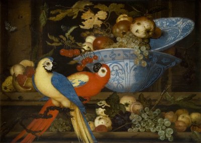 水果静物与两只鹦鹉 作者 Balthasar van der Ast
