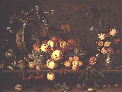 有水果、花和鹦鹉的静物，1620年代初（板画） 作者 Balthasar van der Ast
