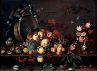 静物水果，花朵和鹦鹉，1620年代 作者 Balthasar van der Ast