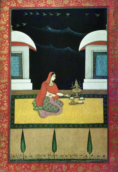 女人坐在地毯上，1750年（纸上水粉） 作者 班吉拉吉尼