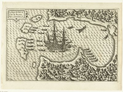 抵达婆罗洲，1600 La baye de Isle et Cite de Borneo（物上标题），RP-P-OB-75.411 作者 Baptista van Doetechum